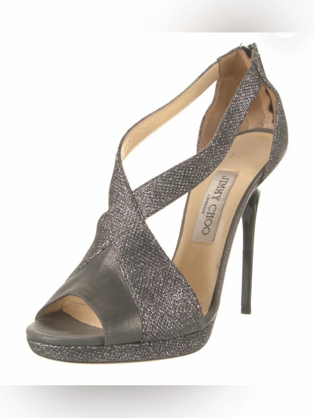 Jimmy Choo Glitter Cross-Strap Platform Heels in Gunmetal Sparkle